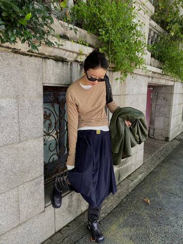 ABow2023金属调节扣腰带百褶半裙