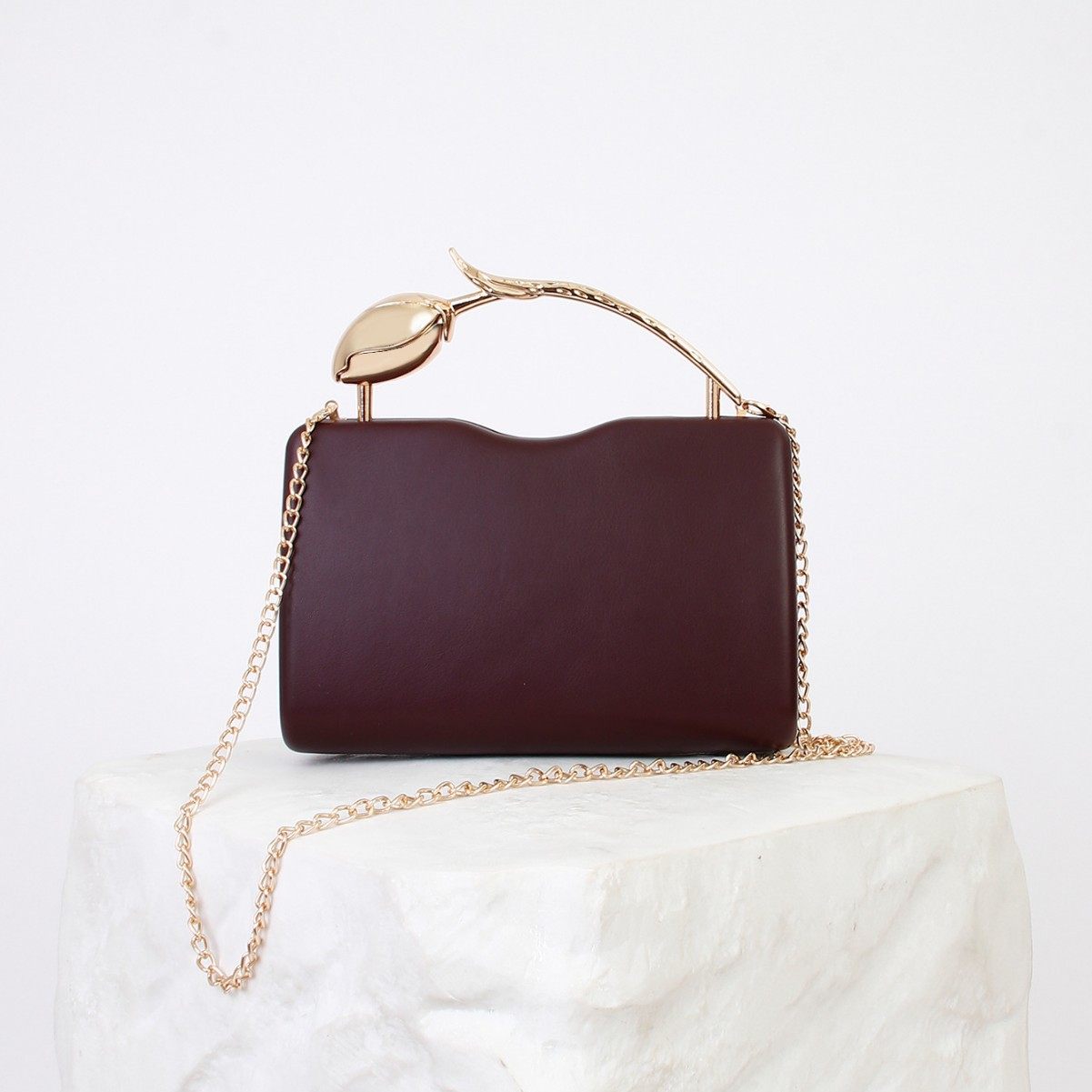 2026新款女士金属手柄金属链条手提包高端酒红色链条晚宴包手拿包