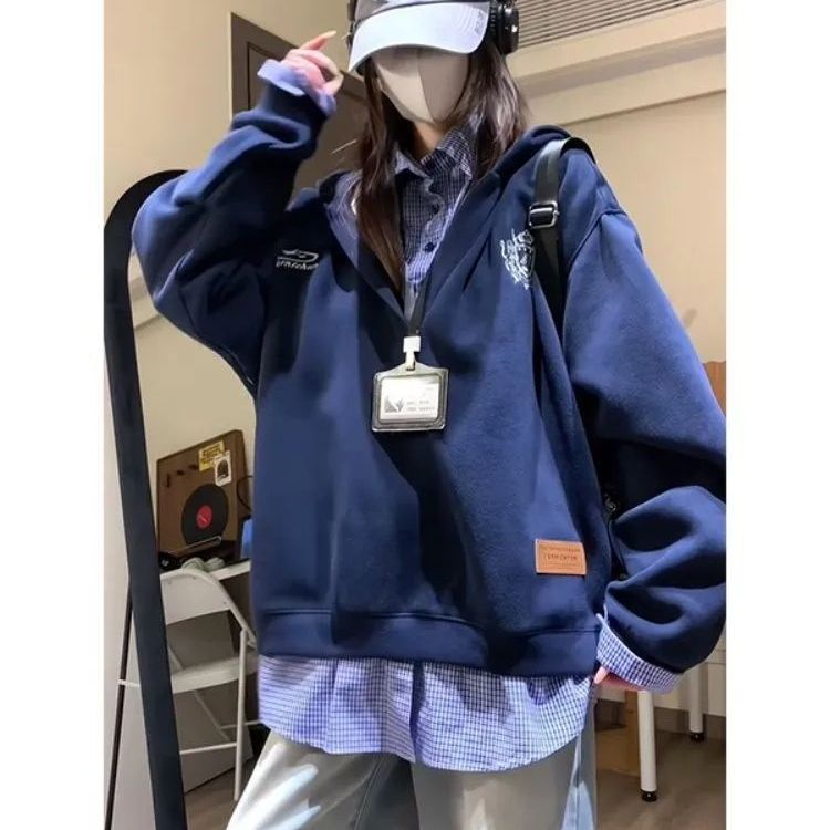 大码300斤美式复古假两件连帽卫衣男女加绒秋冬设计感宽松外套潮