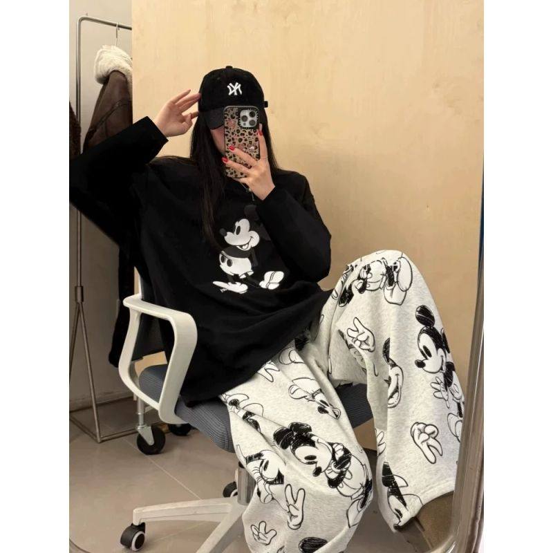 特大码300斤日系卡通米奇睡衣睡裤套装秋冬时尚宽松家居服两件套