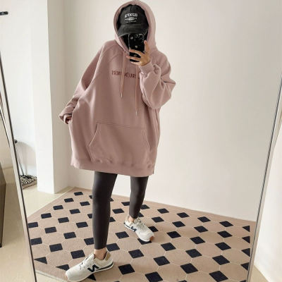 特大码300斤高级刺绣连帽卫衣女秋冬ins加绒加厚中长款长袖连衣裙