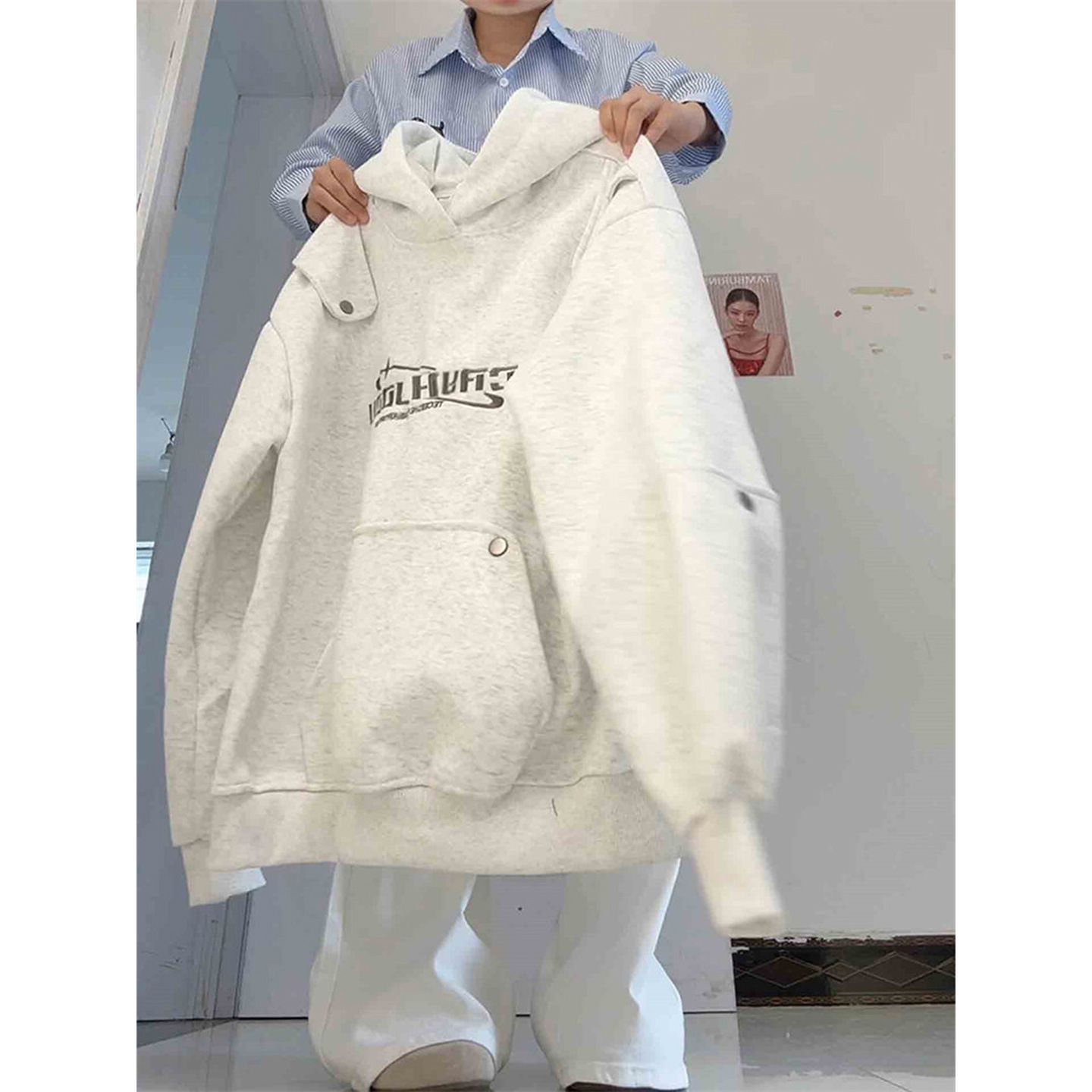 大码美式加绒加厚卫衣男女同款300斤秋冬宽松显瘦连帽外套上衣ins