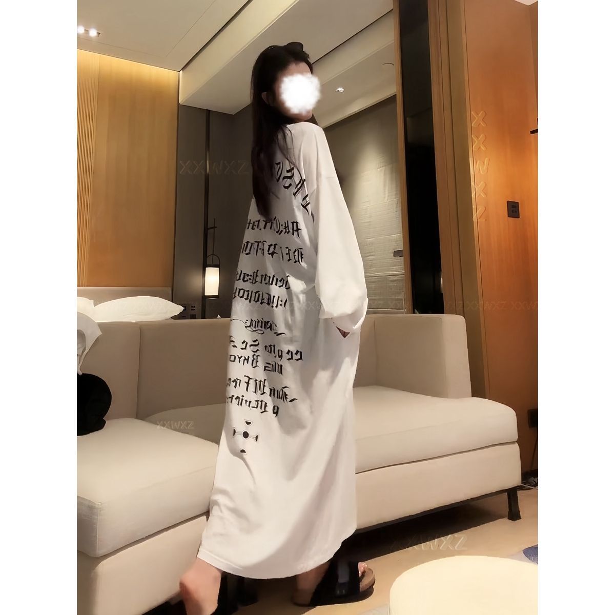 加大码300斤慵懒风印花T恤长裙女胖mm春秋新款宽松显瘦长袖连衣裙