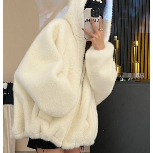 特大码300斤加棉加厚连帽卫衣外套女秋冬新款宽松仿兔毛皮毛上衣