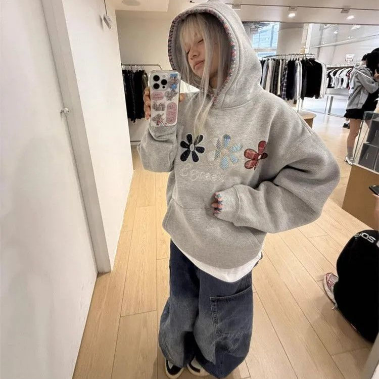 大码美式高街刺绣连帽卫衣男女款300斤秋冬潮牌加绒长袖上衣外套