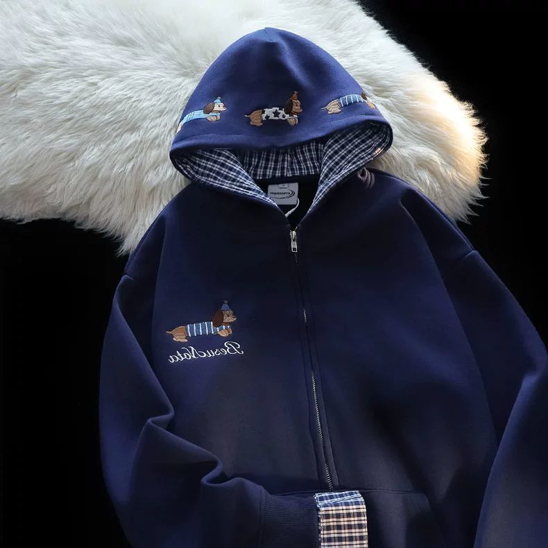 大码300斤男女同款卡通小狗连帽开衫外套春秋新款宽松百搭卫衣潮