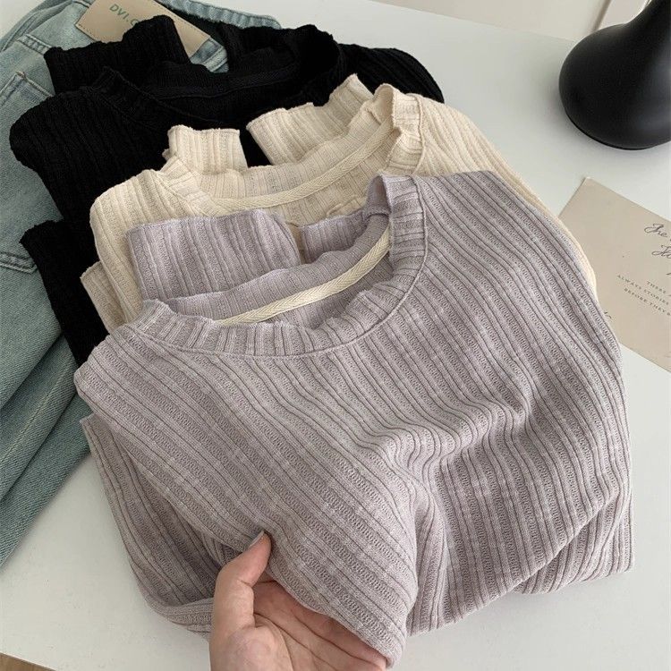 特大码300斤软糯木耳边长袖T恤女秋冬纯色圆领针织打底衫上衣ins