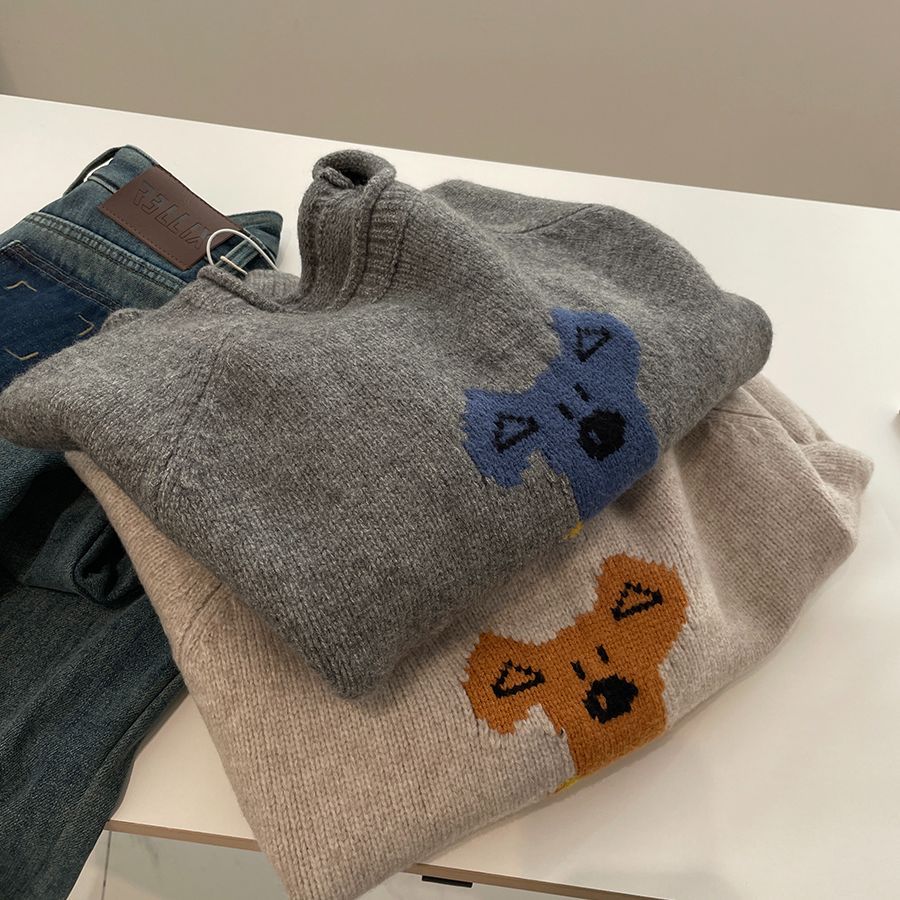 特大码300斤卡通小熊软糯连帽长袖毛衣女秋冬新款宽松针织上衣潮