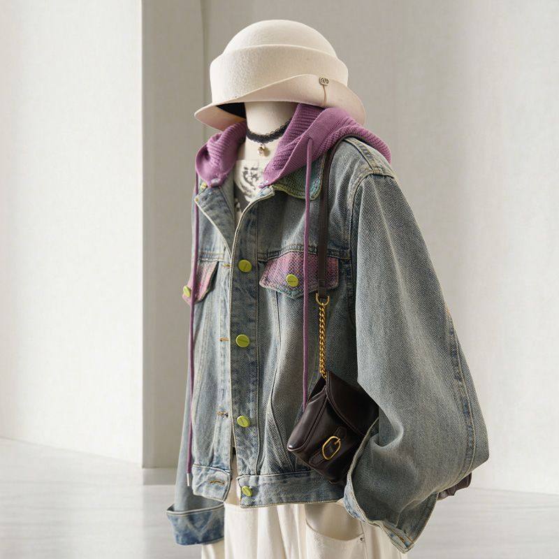 大码300斤撞色连帽短款牛仔外套女2026新款时尚气质减龄显瘦夹克,女装/女士精品,常规大码外套,淘宝优惠券,粉丝福利购,淘宝优惠卷