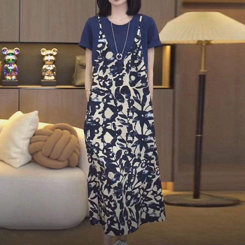 大码300斤假两件碎花圆领连衣裙女夏季薄款胖MM宽松显瘦百搭T恤裙