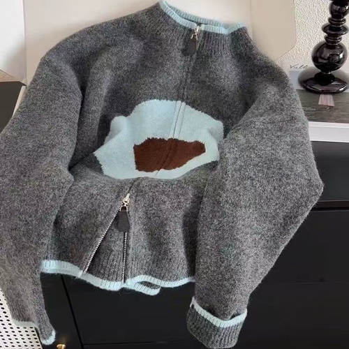 特大码300斤撞色拉链针织开衫毛衣女秋冬宽松慵懒风软糯上衣外套