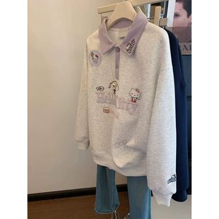 刺绣polo领kt猫卫衣女大码300斤春秋款韩版撞色拼接洋气减龄上衣