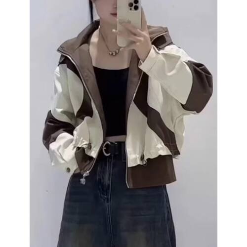 特大码300斤时尚撞色连帽外套男女同款宽松显瘦休闲冲锋衣开衫潮