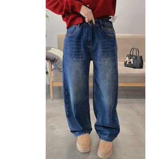 欧洲站 JEANS秋冬保暖复合绒梨型身材宽松休闲阔腿弯刀加绒牛仔裤