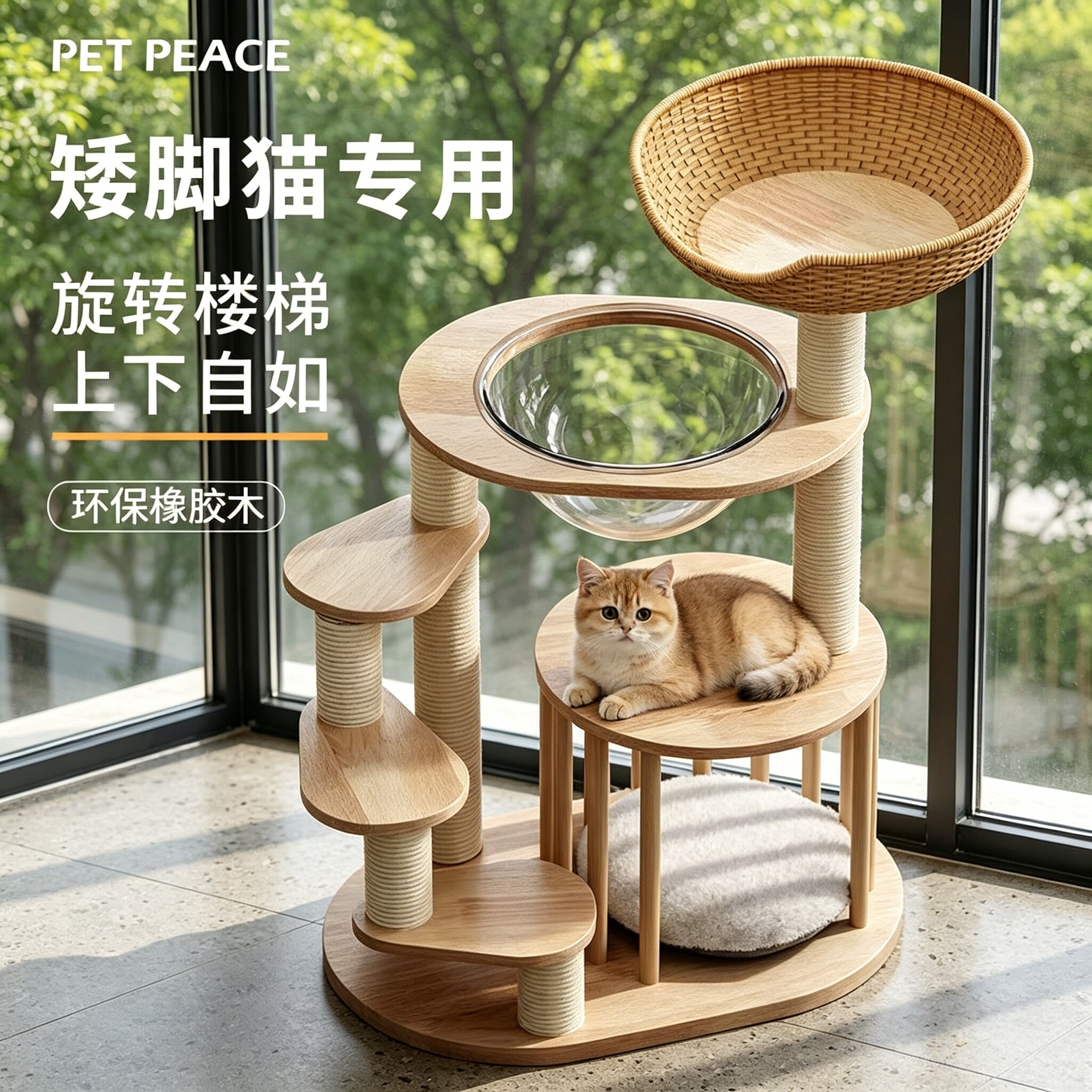 实木橡胶木曼基康矮脚猫猫爬架图片