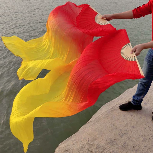 Танцевальный веер, двусторонний расширенный трехцветный градиентный веер для танцев, кадриль, детский длинный шелковый веер, реквизит для спортивных встреч