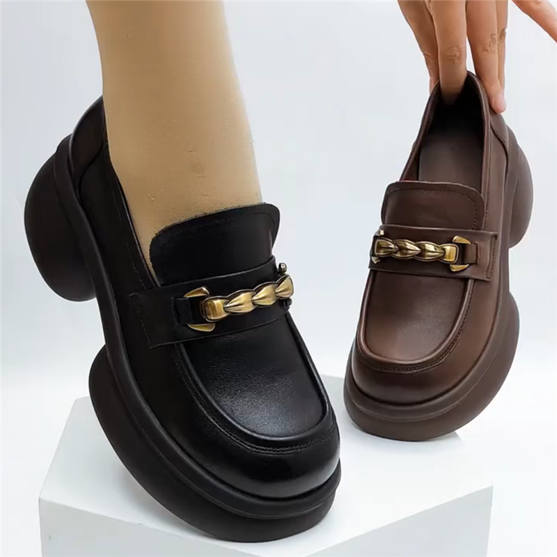 真皮单鞋粗跟厚底乐福鞋