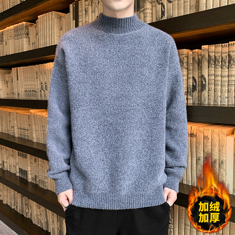 99101-P65毛衣男士半高领针织韩版潮流加绒加厚个性宽松打底衫男图片