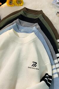 M887-P55字母毛衣男冬季圆领条纹针织衫男休闲宽松打底衫加厚图片