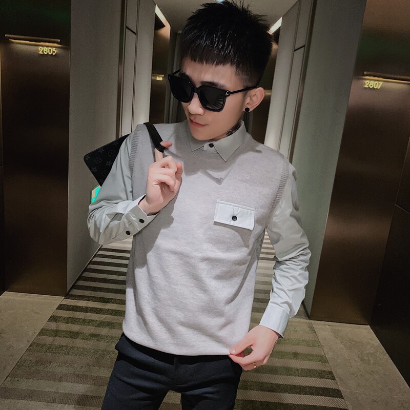 8581-P65社会精神小伙假两件毛衣秋冬新款男士韩版修身针织衫，男装针织衫/毛衣，电商D310（原电商305）