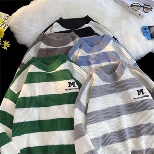 M853-P55日系宽松慵懒风毛衣男2022秋冬季条纹针织衫港风宽松图片