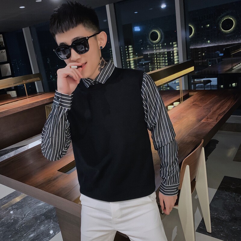 8571-P60假两件男潮流条纹毛衣网红修身衬衫领针织衫图片