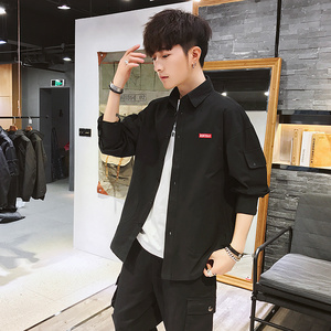 C877男士春季日系潮流宽松工装男款衬衣休闲黑色长袖衬衫图片