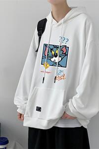 W522-P38卡通印花连帽情侣装春秋卫衣男港风外套宽松班服大码图片