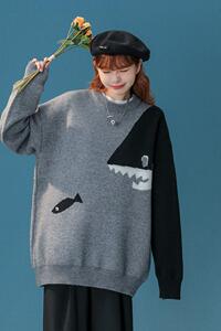 M812-P55日系卡通毛衣男冬季ins潮牌宽松美式复古街头慵懒风圆领图片