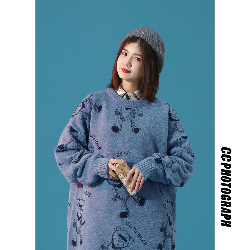 85316-P65毛衣男女秋冬2021新款情侣宽松韩版潮流加厚针织衫图片