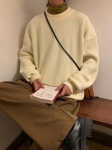 M869-P55港风纯色打底圆领毛衣男秋冬oversize复古宽松针织衫图片