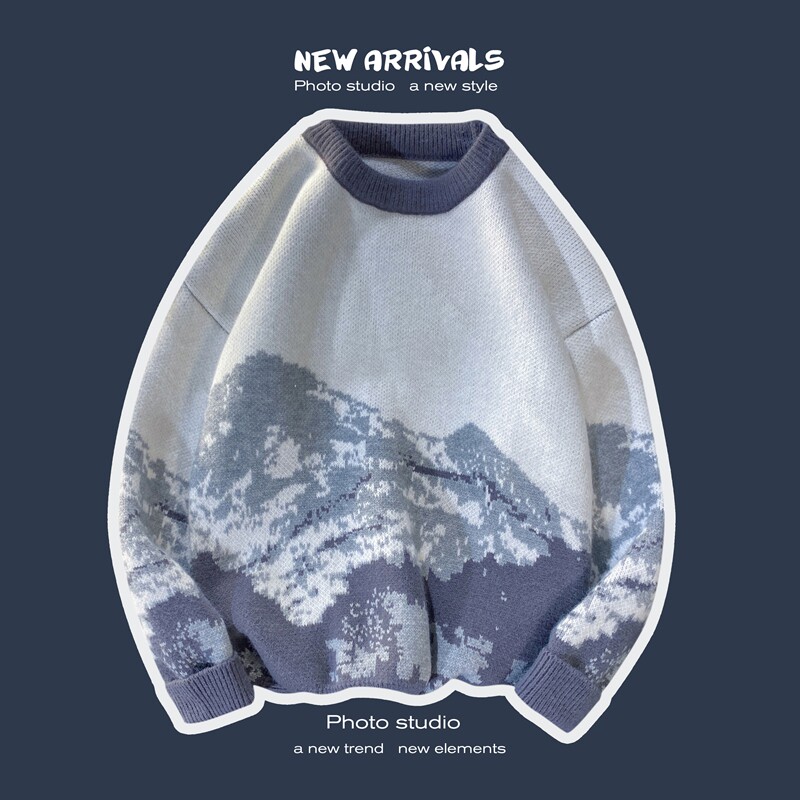 86803-P58套头毛衣外套男秋新款潮牌宽松雪山印花针织衫港风复古图片