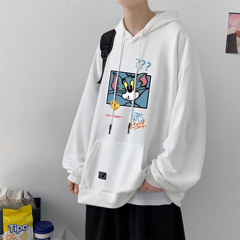 W522-P38卡通印花连帽情侣装春秋卫衣男港风外套宽松班服大码图片
