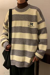 M853-P55条纹毛衣男秋冬宽松圆领针织衫港风潮牌情侣款保暖线衣图片