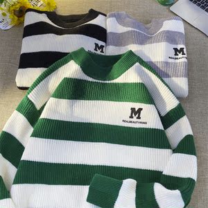 M853-P55日系宽松慵懒风毛衣男2022秋冬季条纹针织衫港风宽松,灰色高跟鞋冬季搭配图片图片