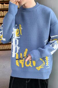76605-P55街头复古图案毛衣男潮牌街头宽松休闲百搭套头针织衫图片