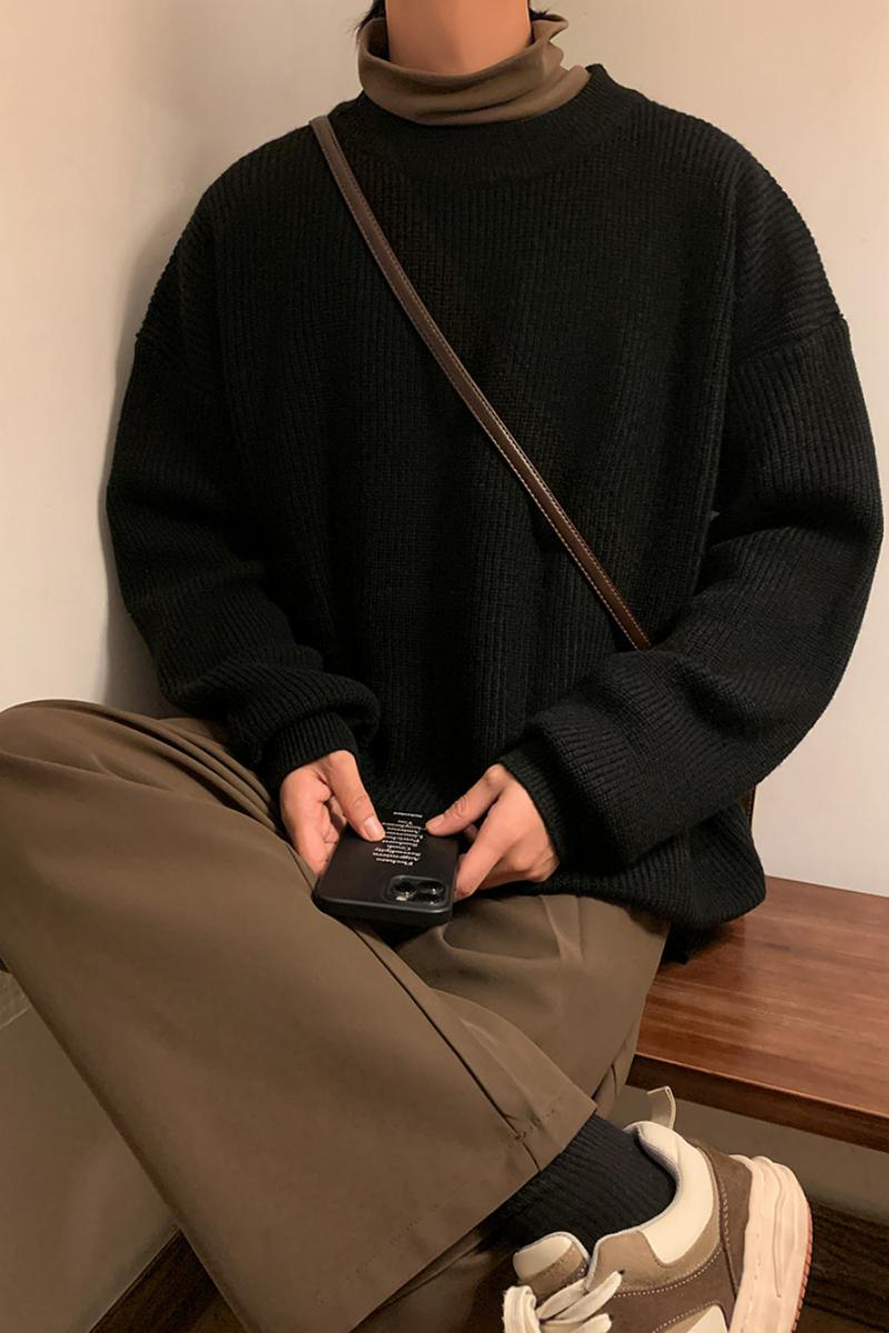 M869-P55港风纯色打底圆领毛衣男秋冬oversize复古宽松针织衫,男装针织衫/毛衣,电商D310（原电商305）