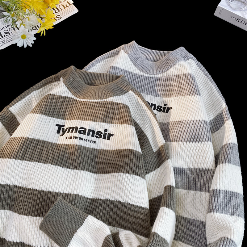 M862-P55条纹毛衣男ins港风chic复古上衣秋冬圆领套头针织衫休闲，男装针织衫/毛衣，电商D310（原电商305）