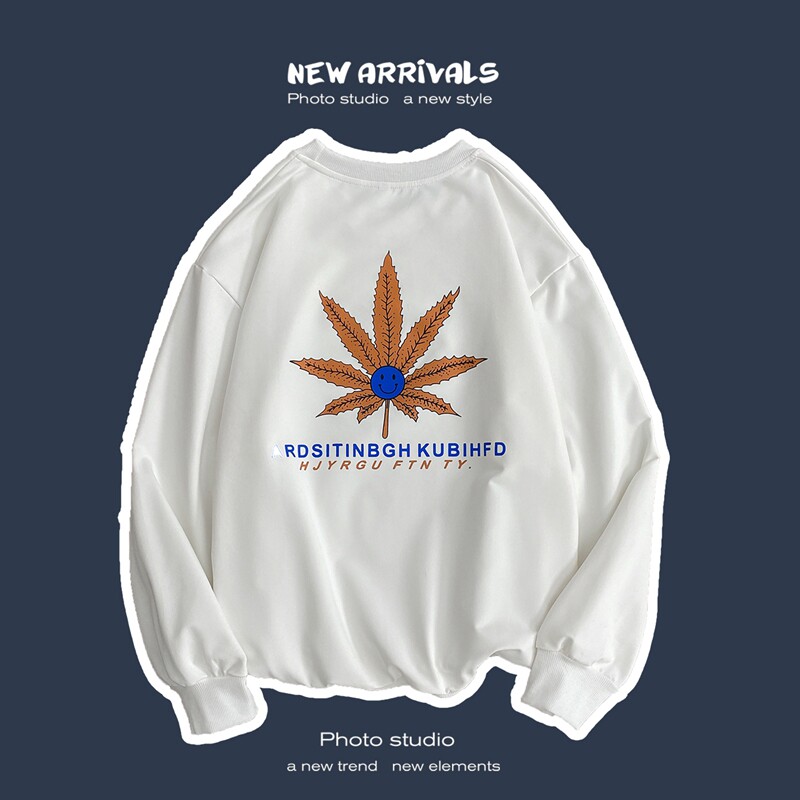 港風衛衣男春秋款無帽圓領長袖上衣寬鬆潮流百搭