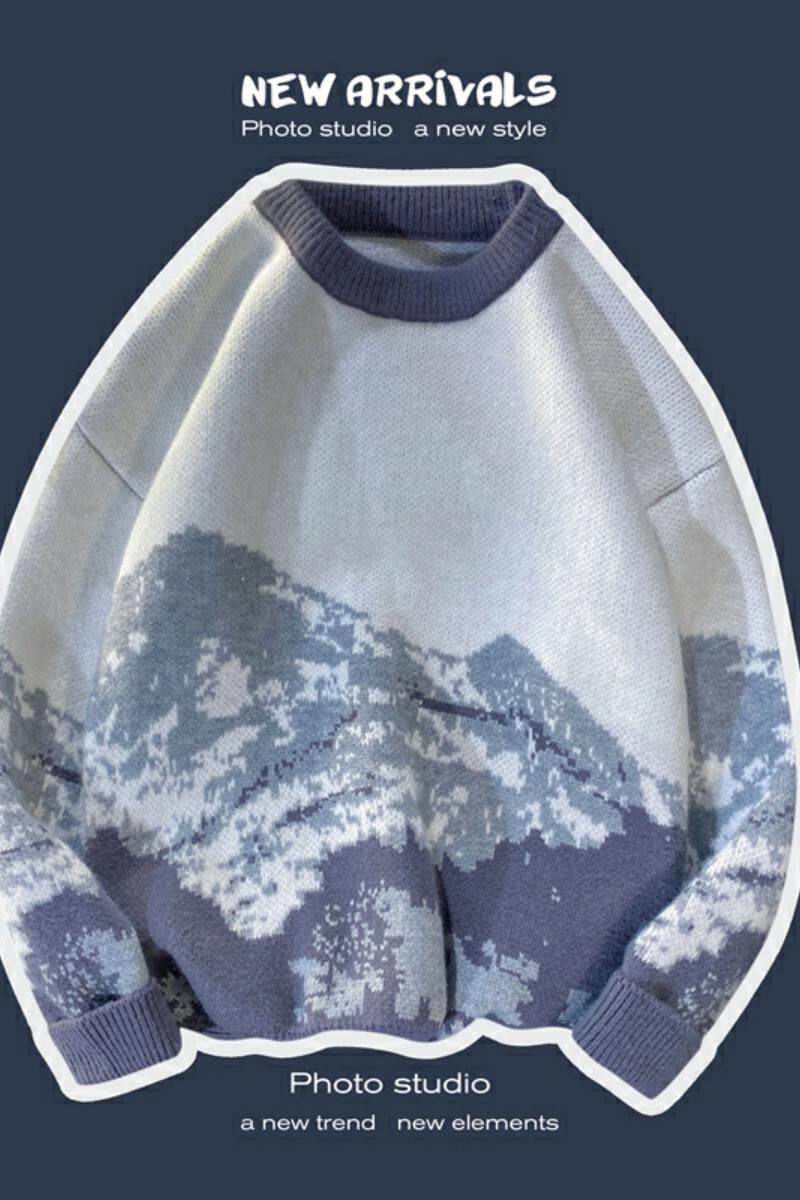 86803-P58套头毛衣外套男秋新款潮牌宽松雪山印花针织衫港风复古,男装针织衫/毛衣,电商D310（原电商305）