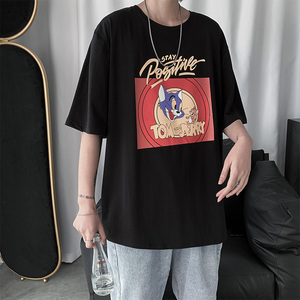 T08-P25夏季新款宽松t恤男短袖ins潮牌印花半袖体恤卡通纯棉,卡其色裤子能搭配黑色鞋子图片