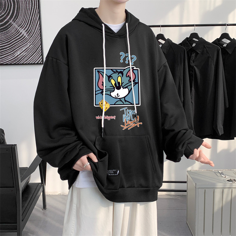 W522-P38卡通印花连帽情侣装春秋卫衣男港风外套宽松班服大码图片