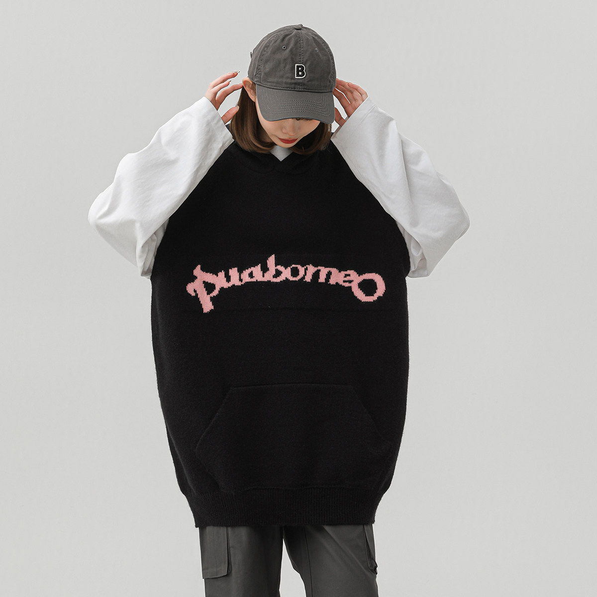 2902-P50背心男复古日系慵懒风春秋宽松毛衣ins潮毛线连帽马甲,男装背心/马甲,电商D310（原电商305）