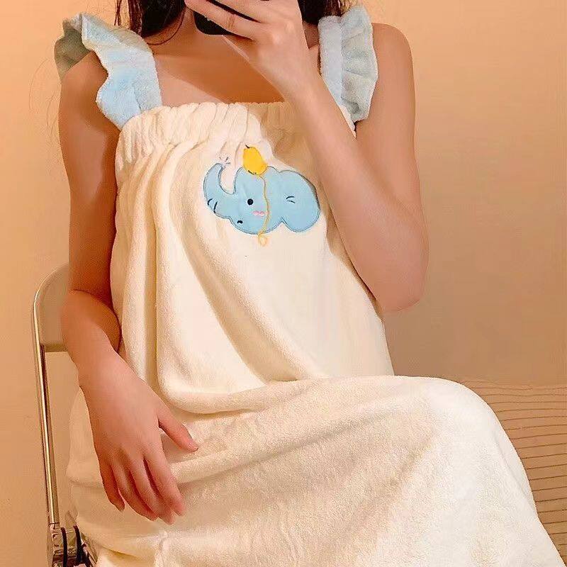 卡通浴巾吊带浴袍可爱裹巾可穿吸水速干浴裙女毛巾干发帽三件套