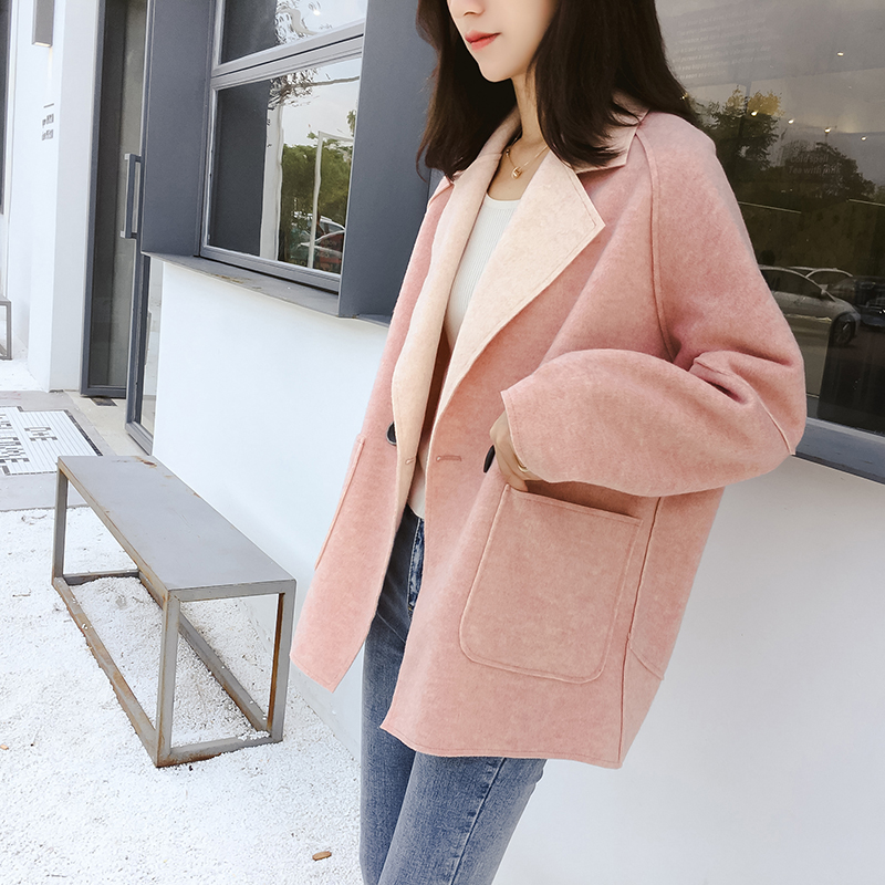 短款毛呢外套女秋冬2018新款女装韩版宽松粉色chic翻领双面呢外套