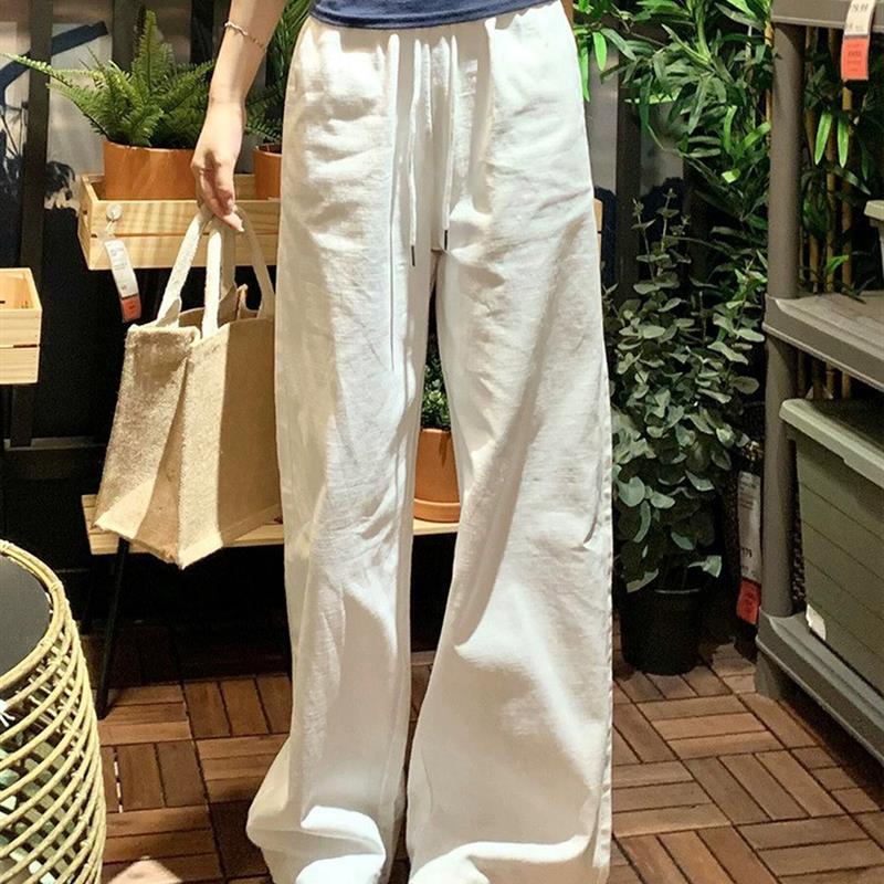 白色阔腿裤女2025春季新款宽松直筒牛仔棉麻小个子夏季拖地休闲裤