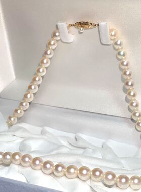 k18金扣头海水akoya珍珠项链卡7.5-8mm