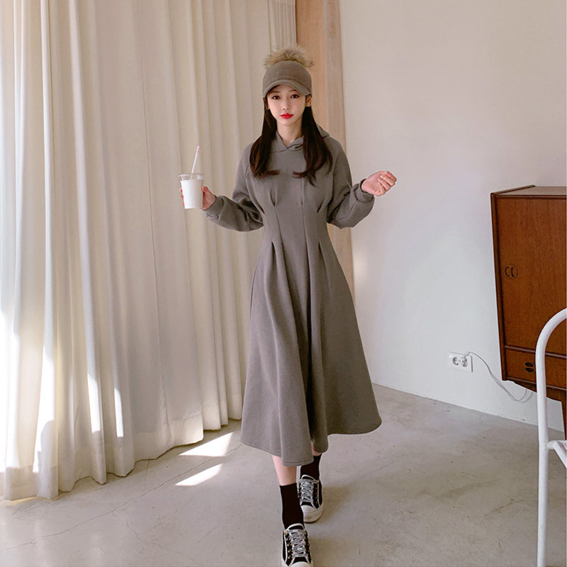 连帽加绒减龄大摆小个子风卫衣裙