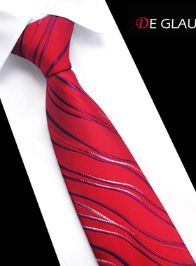 领带男结婚新郎8CM正装商务手打款红色条纹免打结懒人拉链式婚礼