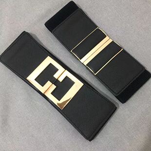 宽松紧大腰带女式 松紧弹力宽窄腰封女连衣裙细黑腰带